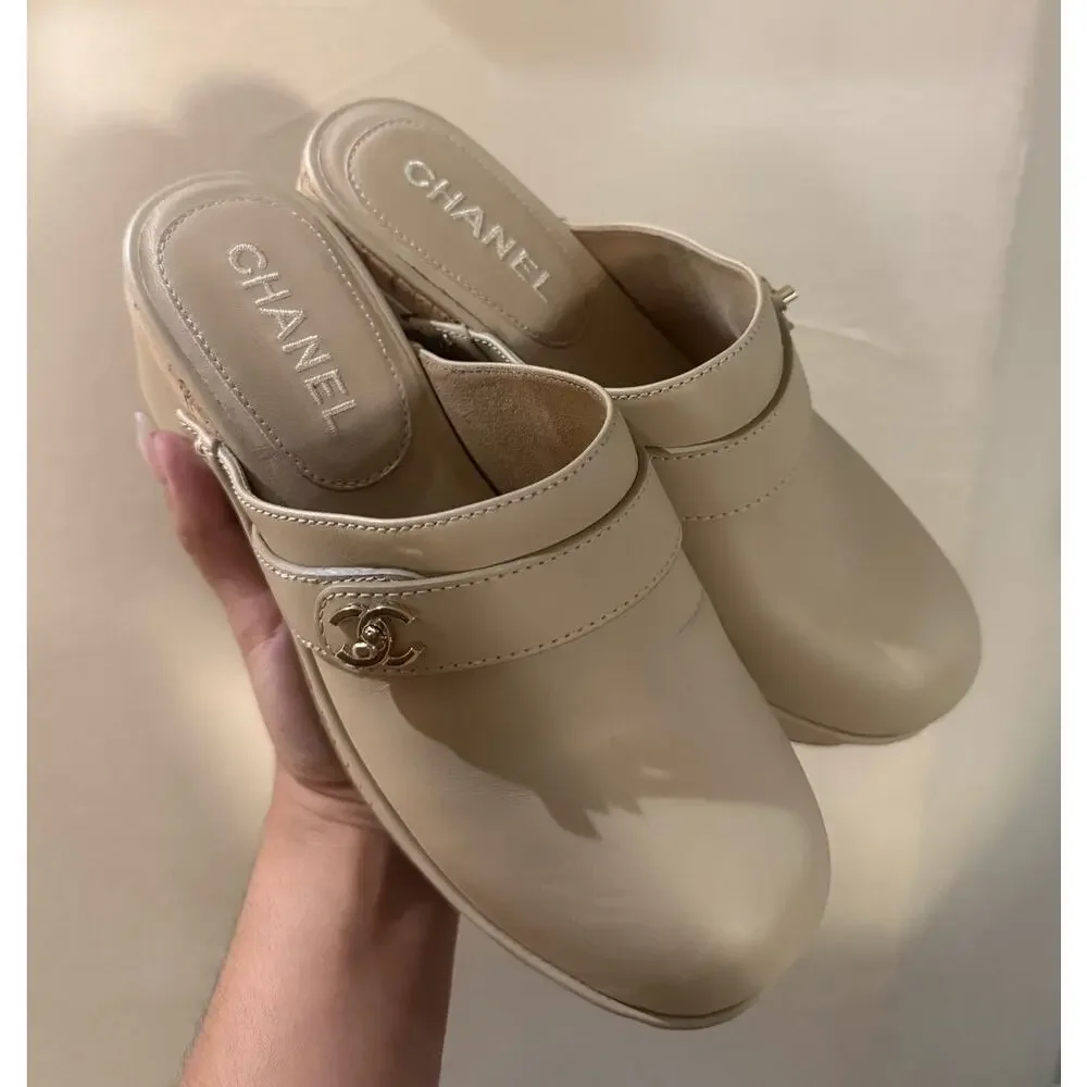 CHANEL Beige Calfskin CC Turn Lock Clog Mules sz 37
